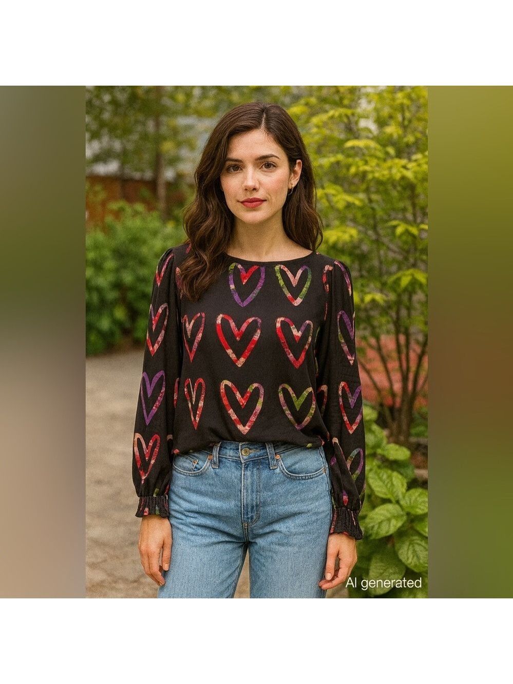 Desigual Heart Print Blouse M Black Boho Artsy Festival Romantic Top